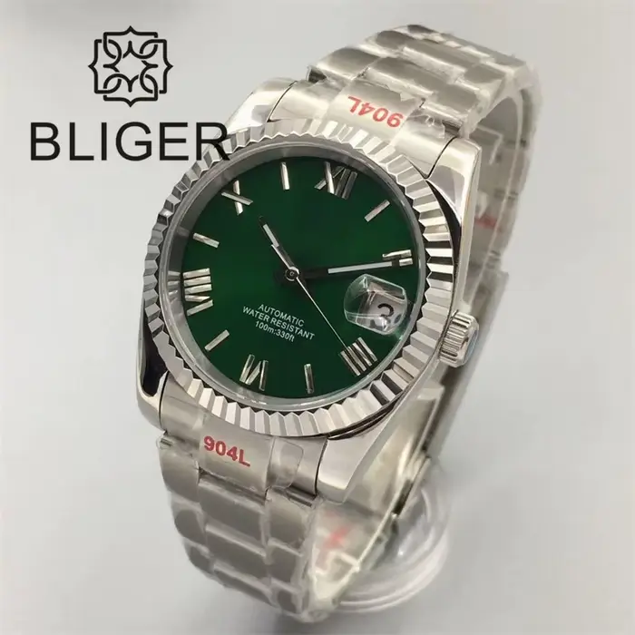 Montre malachite BLIGER pour homme, mouvement automatique NH35A, résistance à l'eau 10 bars, bracelet en acier inoxydable, cadran noir bleu blanc gris vert, occasion spéciale, cadeau d'affaires
