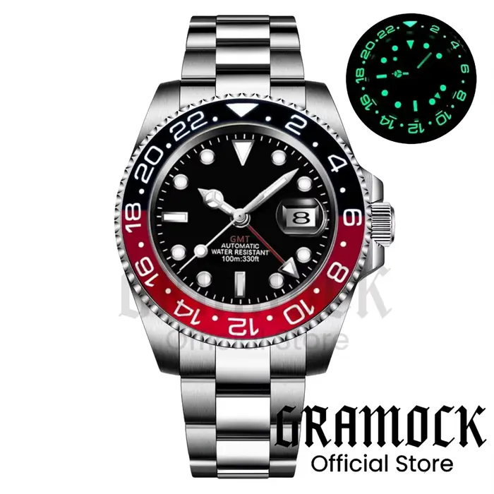 Gramock 40mm cadran blanc noir rouge GMT montre pour hommes montre-bracelet mécanique vert lumineux 
