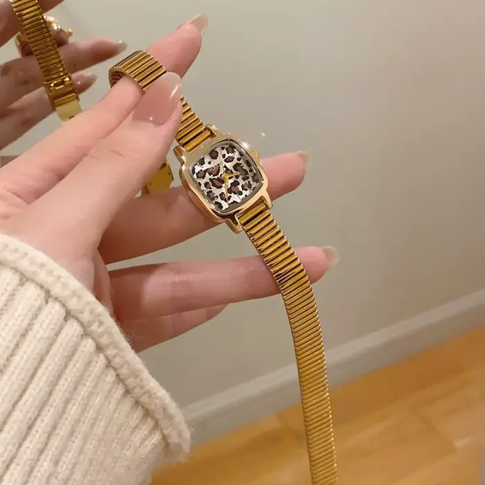 Montre carrée à cadran imprimé léopard bracelet en acier inoxydable cadeau pour femme occasion spéciale bronze café rose quartz élégante
