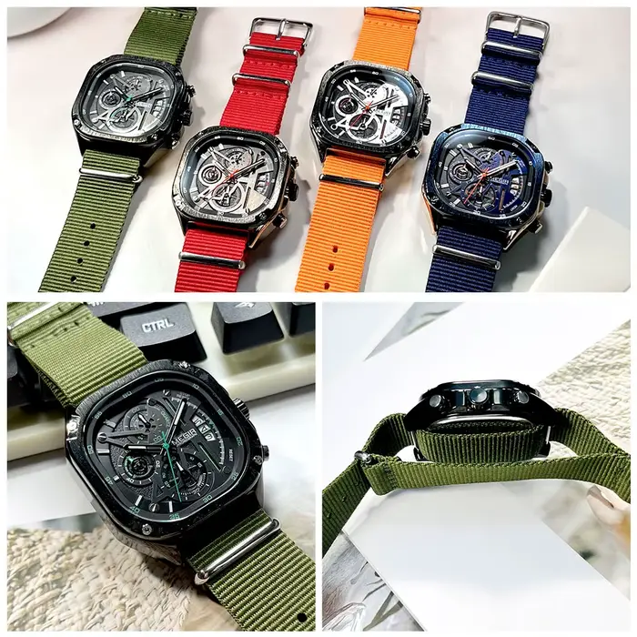 Montre MEGIR à Quartz noire homme étanche cadran carré montre-bracelet avec chronographe bracelet en acier inoxydable aiguilles lumineuses Date automatique occasions spéciales