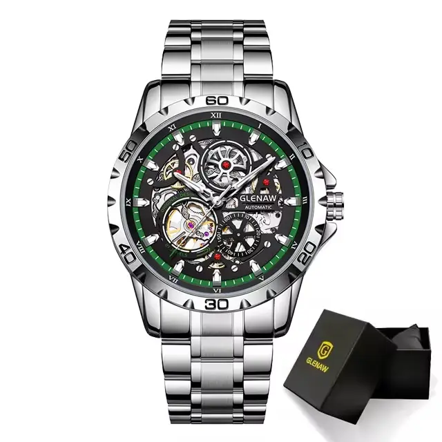 GLENAW Steampunk squelette montre pour hommes anneau de luxe automatique montres mécaniques lumineux
