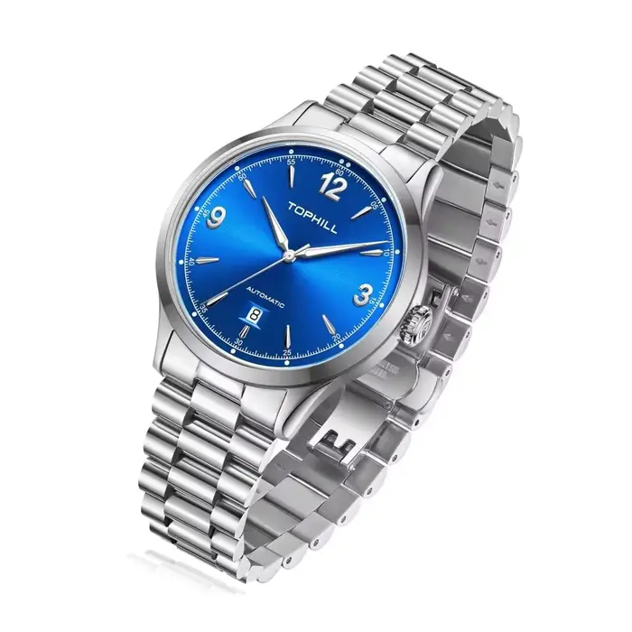 Montre automatique Tophill TW100G avec cadran soleil argenté, bleu, doré, mouvement Miyota 8215, résistance à l'eau 5ATM, bracelet en acier inoxydable 316L, idéale pour occasions professionnelles et cadeaux d'affaires