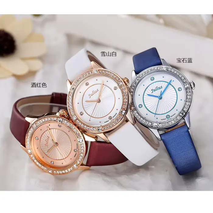 Strass Julius dame montre pour femme japon Quartz mode heures Bracelet en cuir véritable fille boîte-cadeau