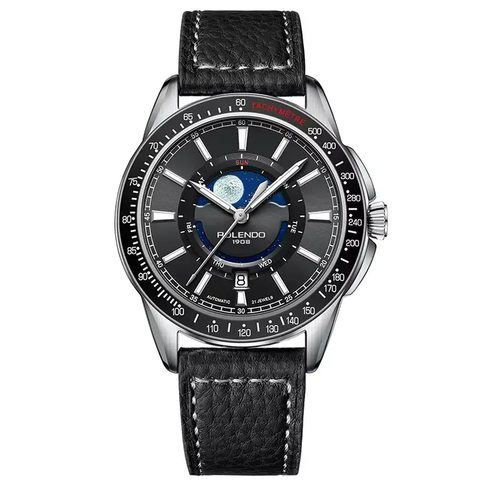 Montre automatique mécanique pour homme ROLENDO 1908, 21 rubis, bracelet en cuir véritable noir, mon