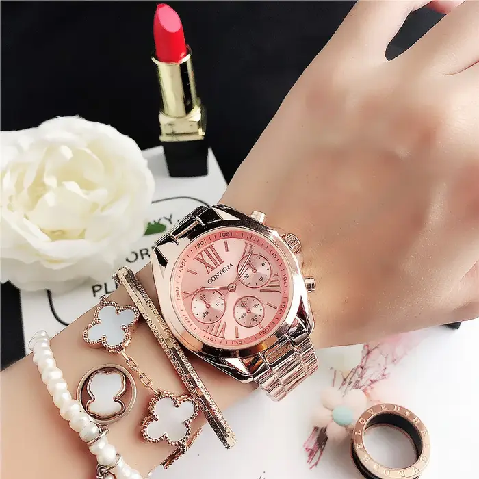 Montre en acier inoxydable JBAILI or rose élégante pour femmes occasions spéciales quartz mouvement fermoir de bracelet