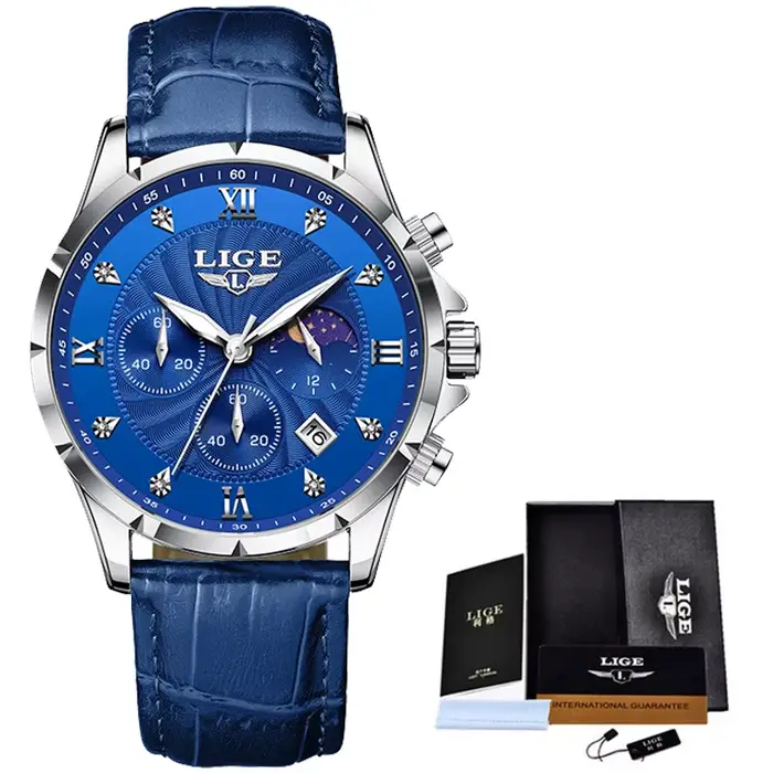 LIGE montre en cuir bleu hommes mode affaires montres militaires pour hommes étanche Sport hommes mo