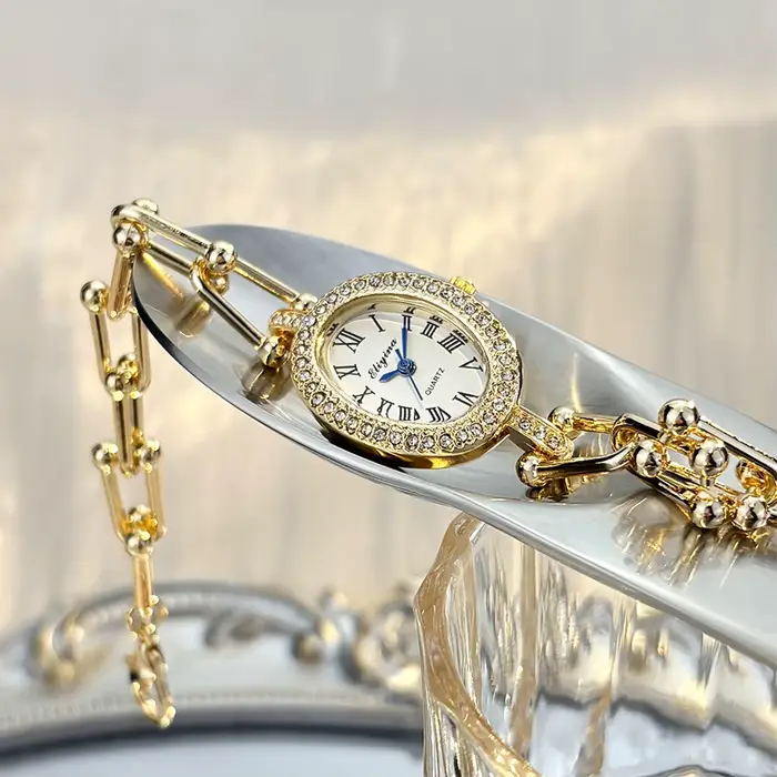 Montre pour femme Vintage Diamond - Boîtier ovale serti de diamants - Chaîne à maillons U
