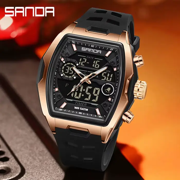 Montre SANDA double affichage analogique numérique quartz robuste pour hommes avec chronographe résistant à l'eau et alarme pour activités sportives et quotidiennes