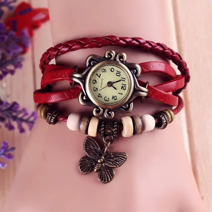 Antique femmes montre en cuir enveloppé Bracelet