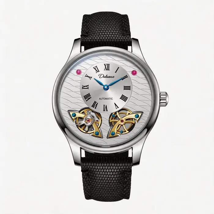 Montre mécanique automatique, affichage à double tourbillon, cadran texturé blanc/noir, verre minéra