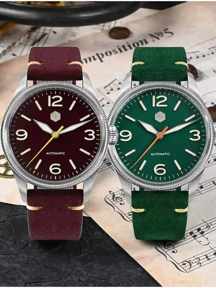 Montre San Martin 38.5mm NH35 Automatique Étanche avec Bracelet en Cuir Suédé pour Occasions Spéciales Robuste et Élégante