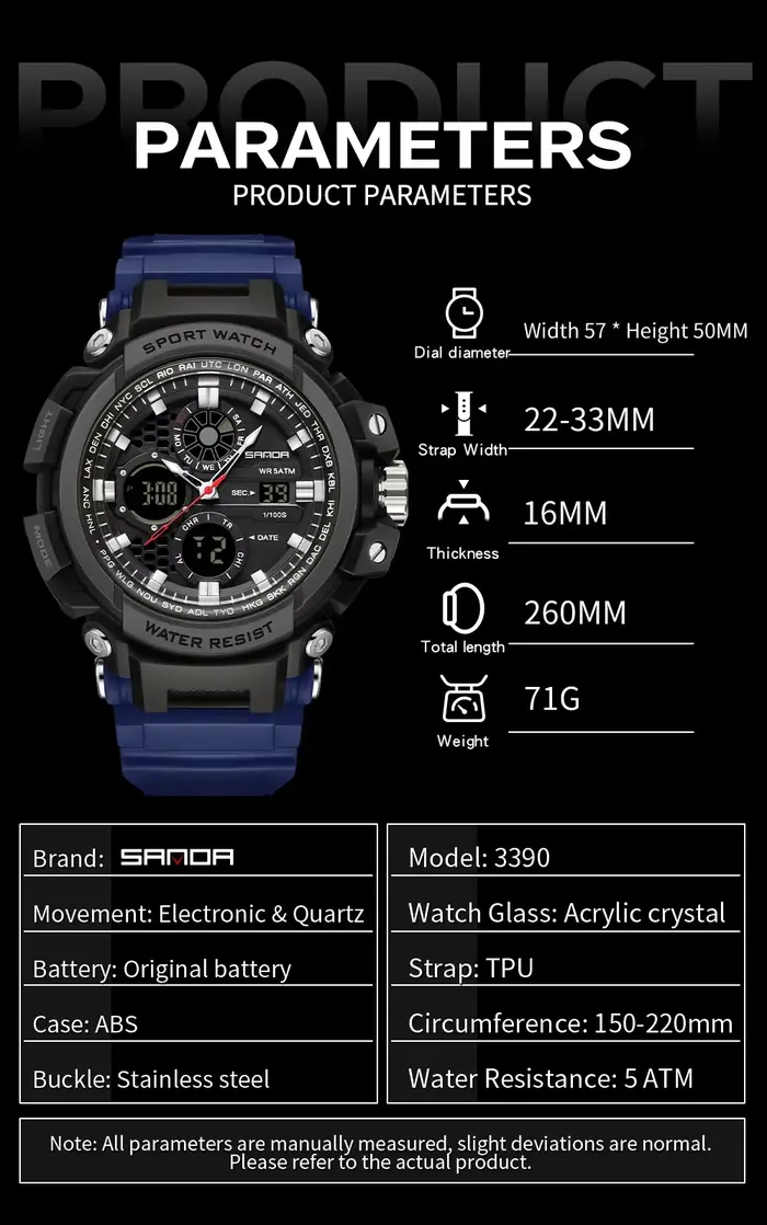 SANDA 2026 Nouvelle montre électronique de luxe pour homme 3390
