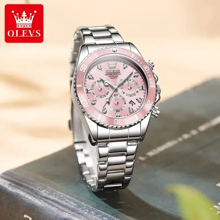 Montre luxe OLEVS Quartz avec chronographe résistante à l'eau pour femme occasions spéciales