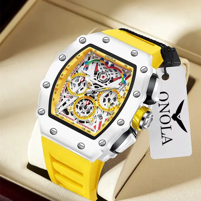 Montre Tonneau ONOLA Élégante et Fonctionnelle pour Hommes Occasions Spéciales Chronographe Quartz Blanc Silicone Bracelet