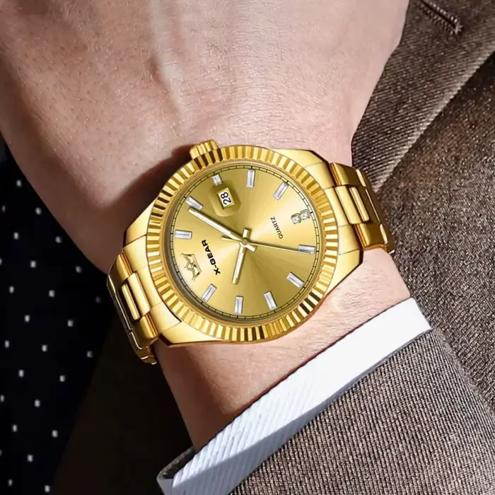 Montre-bracelet homme X-GEAR acier inoxydable or et vert style business casual avec calendrier mouvement quartz résistance à l'eau 5 bars pour femmes occasions spéciales
