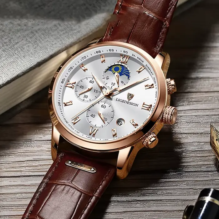 Montre-bracelet à quartz LIGE décontractée avec phases de lune