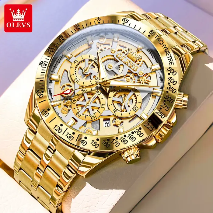 OLEVS 9913 tout or luxe hommes montre marque conception creuse montre à Quartz Original étanche Date