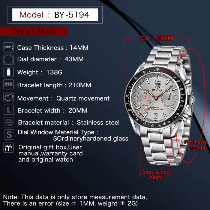 BENYAR hommes montres 2025 Top marque de luxe Quartz chronographe montre automatique