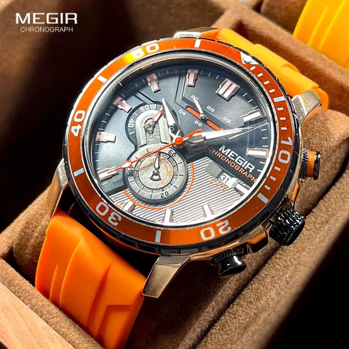 MEGIR montre de Sport Orange pour hommes mode bracelet en Silicone étanche chronographe montre-bracelet à Quartz avec Date automatique aiguilles lumineuses