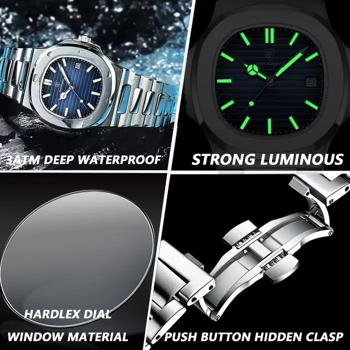 POEDAGAR mode carré Quartz homme horloge étanche lumineux Date montres en acier inoxydable pour homm