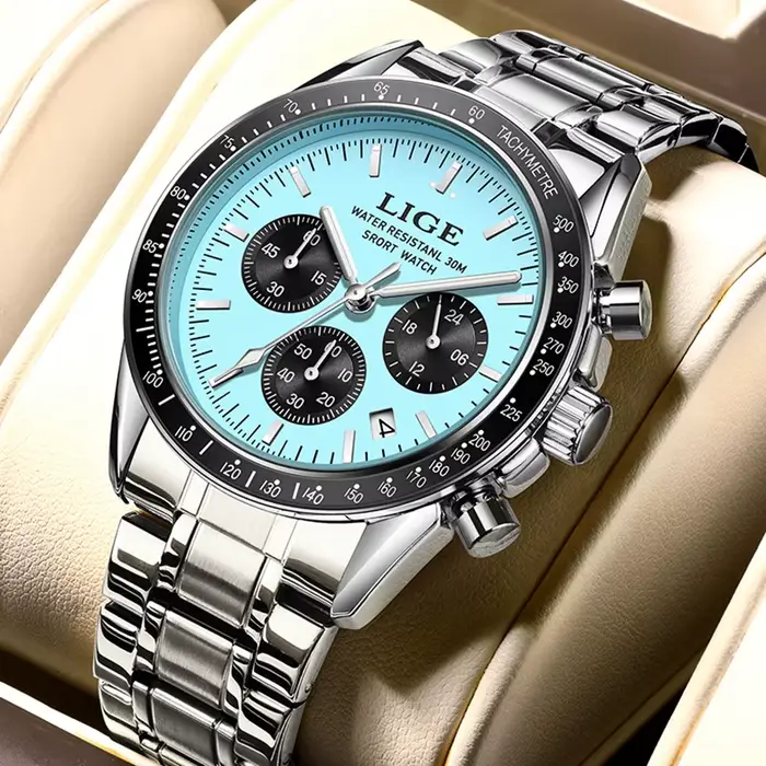 Montre homme LIGE acier inoxydable sport quartz avec chronographe et résistance à l'eau pour activités quotidiennes et sportives