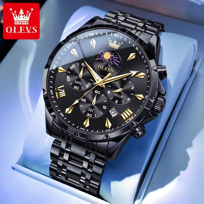Montre homme OLEVS Top Moon Phase Fashion acier inoxydable étanche classique quartz avec calendrier lumineux et phase de lune pour toutes occasions