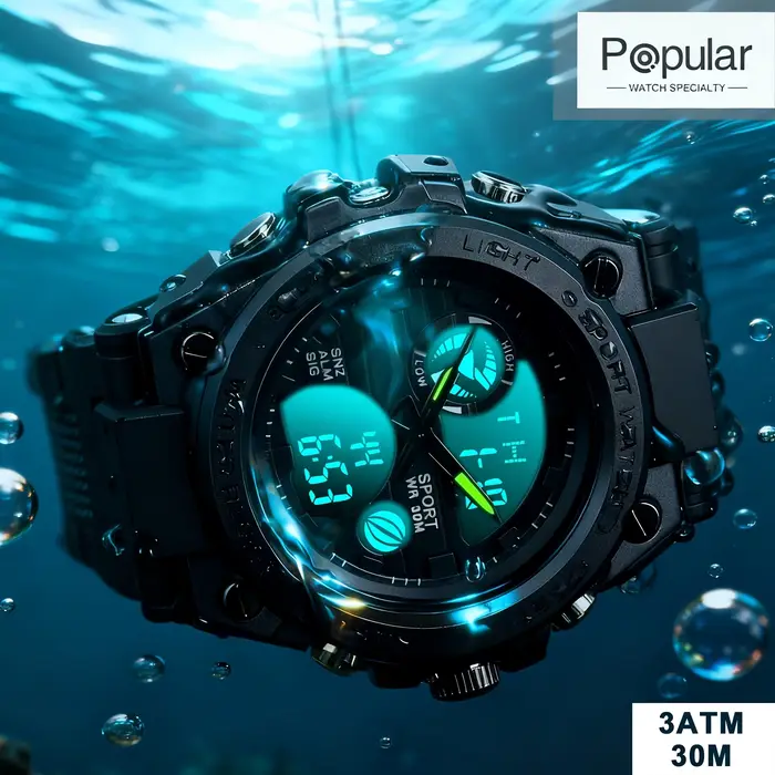Montre multifonctionnelle de luxe avec double mouvement analogique-digital pour homme, résistante à l'eau, en alliage avec bracelet en caoutchouc, pour diverses occasions