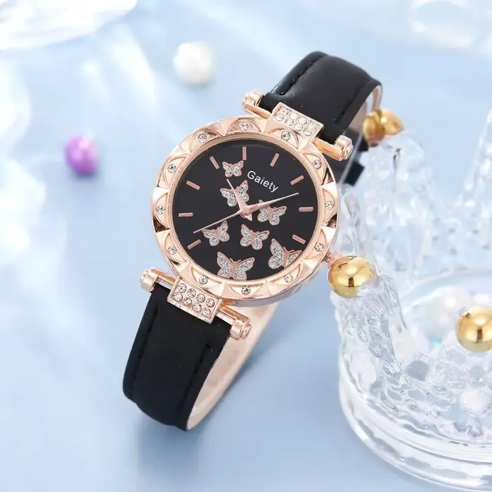 Ensemble de montre-bracelet à quartz pour femme avec bague, collier, boucles d'oreilles et bracelet en cuir, papillon, variété de couleurs pour tous les styles et occasions
