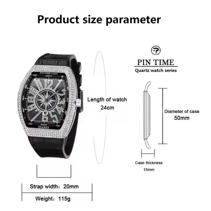 Montre en diamant pour hommes, montres à quartz tonneau élégantes résistantes à l'eau et aux chocs pour différentes occasions