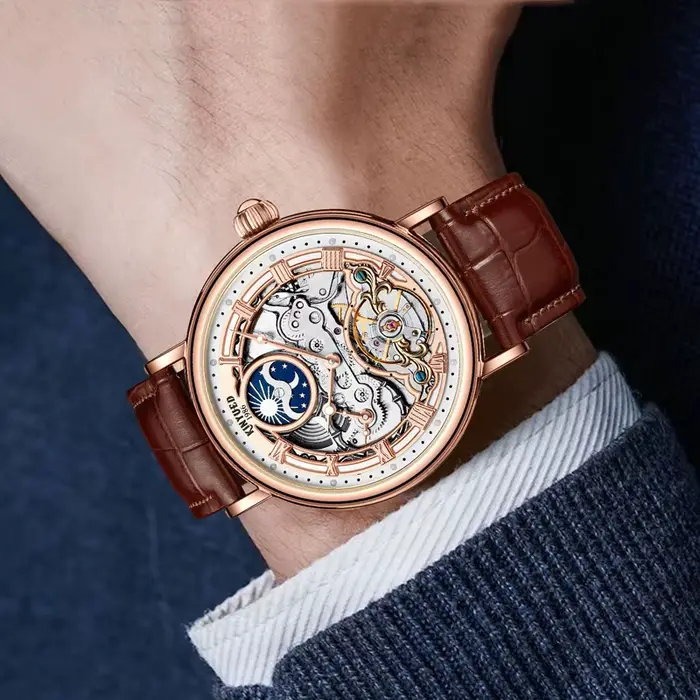 Montre Homme Squelette Tourbillon Phase de Lune Conception Haut de Gamme Luxe Étanche Décontractée Automatique Mécanique Occasions Spéciales