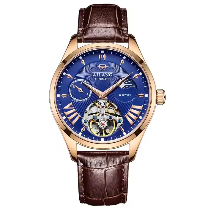 Montre homme AILANG, montre mécanique automatique squelette tourbillon en or rose de luxe, marque ha