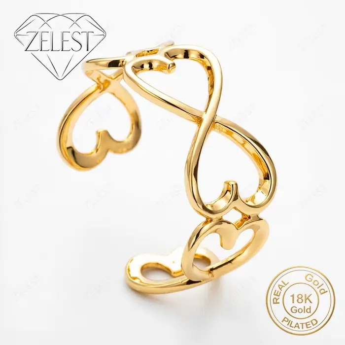 Bracelet ouvert en argent sterling 925 plaqué or 18 carats, double cœur entrelacé exquis pour femmes