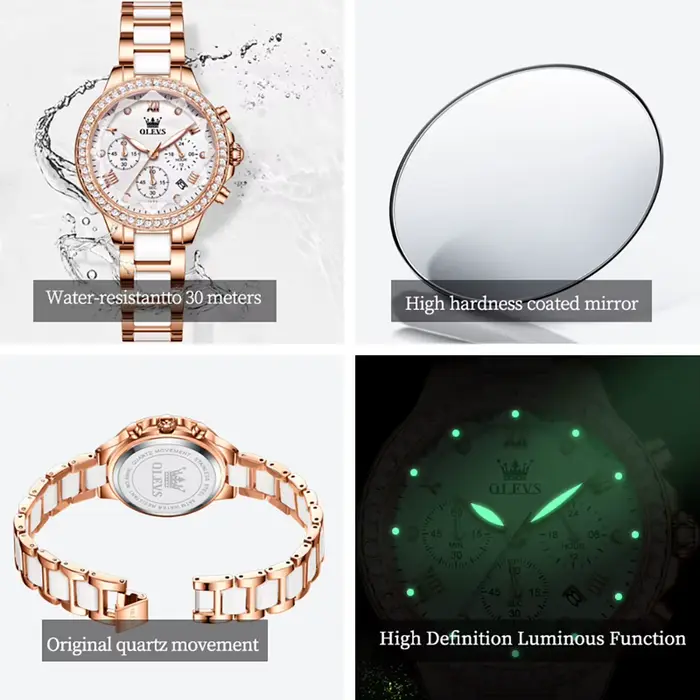 Montre OLEVS Quartz Élégante avec Fonction Chronographe et Calendrier Complet Bracelet Acier Inoxydable pour Femmes Occasions Spéciales
