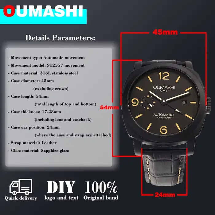 Montre GMT ST2557 OUMASHI Edition Limitée Acier Inoxydable Bracelet Cuir Occasions Spéciales Hommes