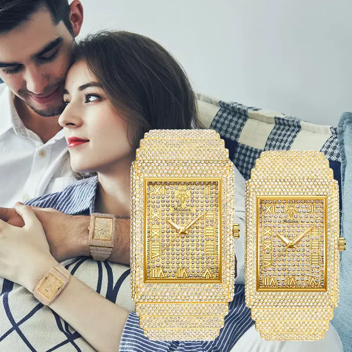 Montres-bracelets à quartz de luxe pour hommes et femmes de la marque YaLaLuSi avec sertissage de diamants complets – Cadeau pour couple Reloj Mujer