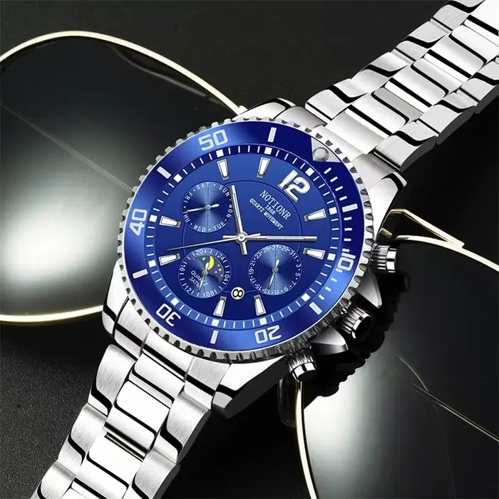 Montre en acier inoxydable Notionr à quartz avec mains lumineuses et calendrier complet pour homme mode et décontracté