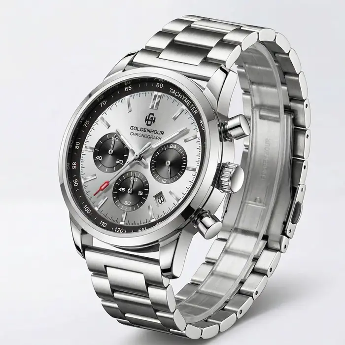 Montre GOLDEN HOUR en acier inoxydable avec fonction chronographe lumineuse et résistance à l'eau pour homme occasions spéciales et mode décontracté