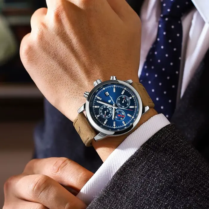 POEDAGAR Original mode homme montre Date chronographe en cuir étanche lumineux hommes