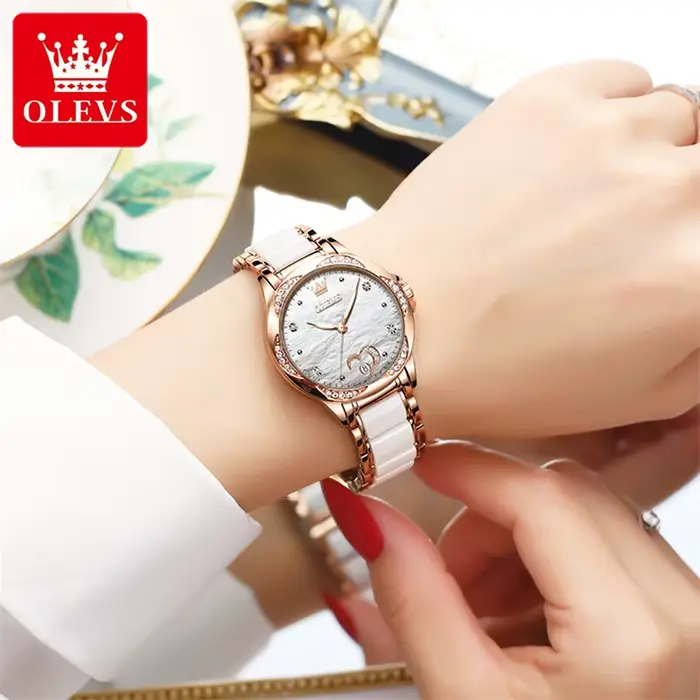Montre OLEVS en céramique et acier inoxydable avec mouvement automatique pour femmes élégantes et sophistiquées occasions spéciales
