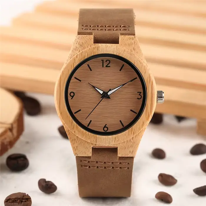 Montre Vintage en bois de bambou pour femmes, horloge analogique à Quartz, en cuir véritable, cadeau