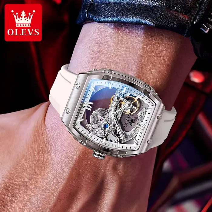  OLEVS automatique hommes montre bracelet en caoutchouc blanc mécanique Tourbillon montres