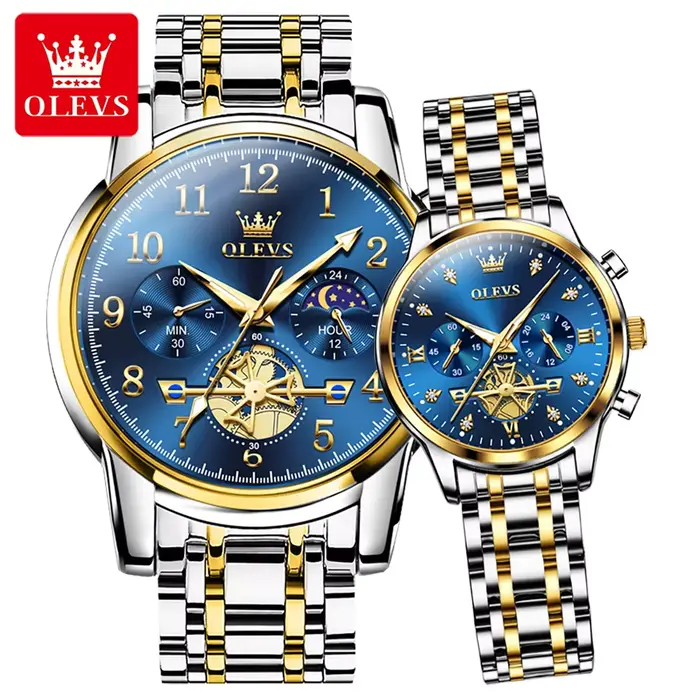 OLEVS marque 2025 nouveau luxe Tourbillon Couple montre à Quartz en acier inoxydable étanche lumineux mode Phase de lune montres amoureux