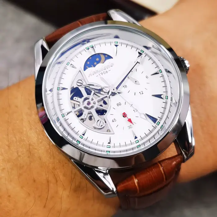 Montre mécanique AOKULASIC avec tourbillon, résistance aux chocs et affichage lumineux pour homme, cuir et acier inoxydable, parfait pour occasions spéciales et quotidien