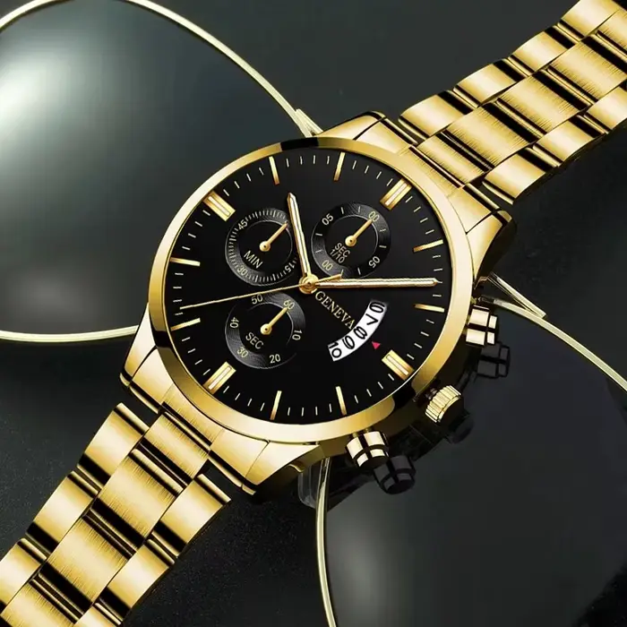 Montre-bracelet à quartz en acier inoxydable doré pour homme