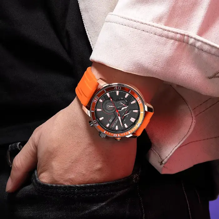 Montre de sport chronographe avec bracelet en silicone orange pour homme, résistante à l'eau, date automatique, calendrier complet, idéale pour les occasions sportives et spéciales