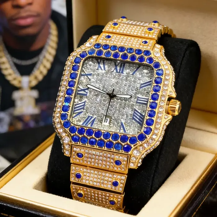 Montre de luxe pour homme entièrement sertie de diamants, en acier inoxydable, à quartz, style hip-h