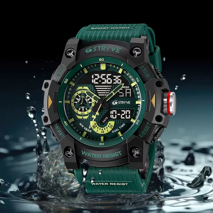 Montre STRYVE 8029 pour Hommes, Analogique-Digital, Chronomètre, Lumineuse, Résistante à l'Eau, Occasions Sportives et Aventureuses