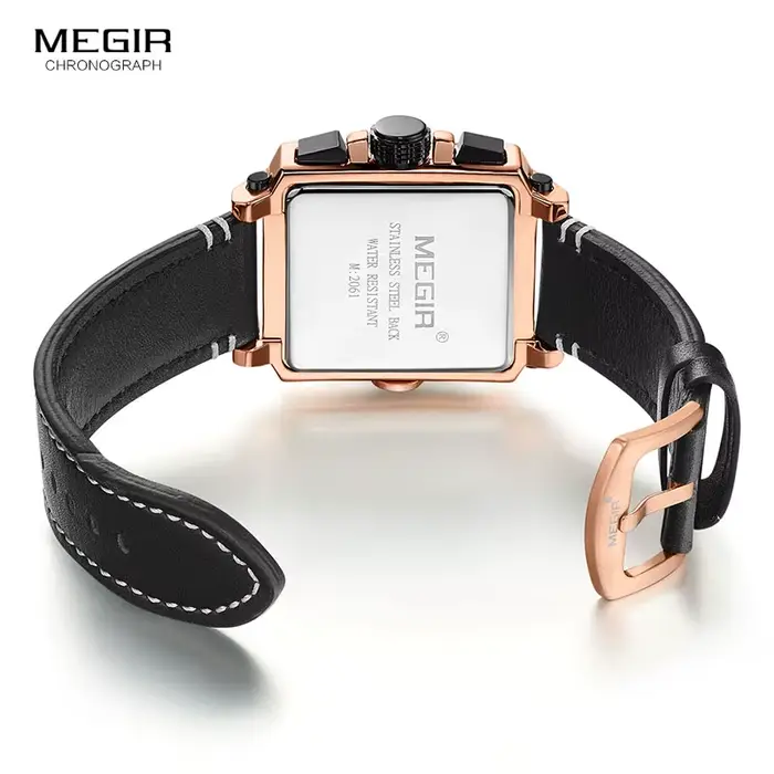Montre-bracelet à quartz MEGIR avec bracelet en cuir pour homme, chronographe multifonctionnel, résistance à l'eau, date auto et calendrier complet, parfait pour les activités sportives et les tenues de ville
