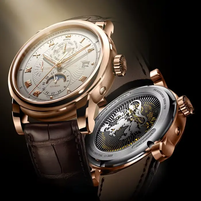Montre mécanique LOBINNI Seagull ST16K3-3A homme automatique avec fonction heure mondiale, affichage de la semaine, date, 24 heures, phase lunaire et résistance à l'eau 50M