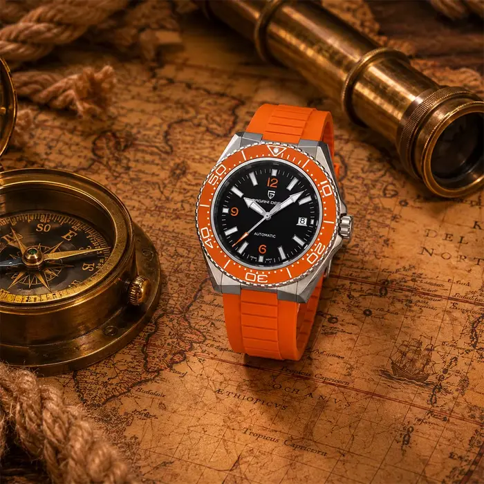 Montre Pagani Design de plongée orange automatique avec mouvement mécanique japonais pour hommes occassions sportives et plongées